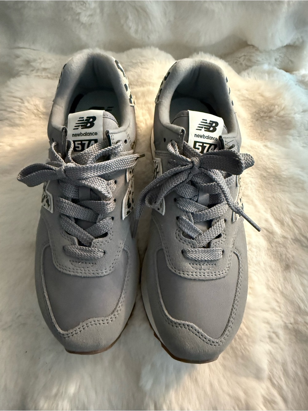 New Balance 574 Womens Snow Leopard Platform Sneakers (Gray w/Ivory Accents) - Picture 2 of 4